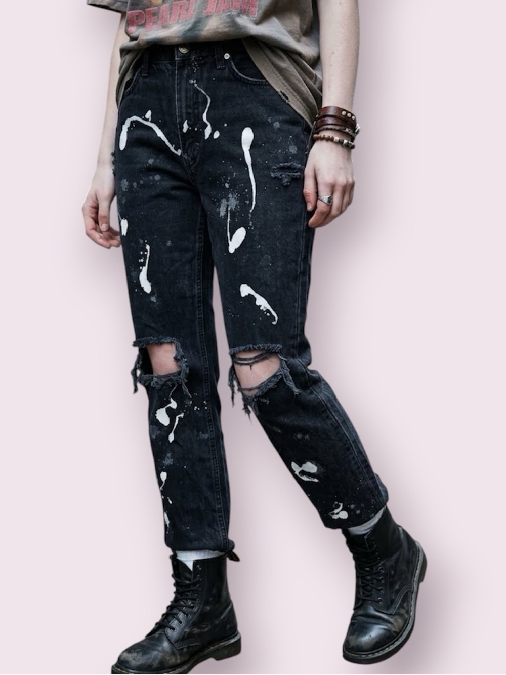 Free People We The Free Distressed Paint Splattered Black Jeans Size 27